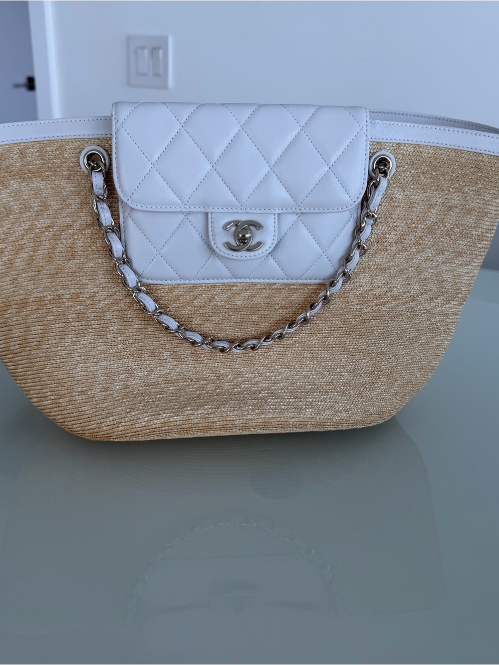 White Leather & Natural Raffia Tote with Chain Detail